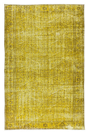 182x278 Cm El Dokuması Yeniden Boyanmış Eski Türk Halısı, Modern Sarı El Yapımı Yünlü Halı