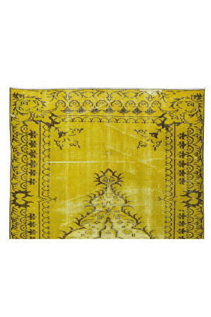 158x250 Cm El Dokuması Yeniden Boyanmış Eski Türk Halısı, Modern Sarı El Yapımı Yünlü Halı
