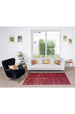 118x211 Cm El Dokuması Yeniden Boyanmış Eski Türk Halısı, Modern Kırmızı El Yapımı Yünlü Halı