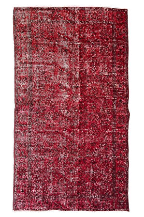 118x211 Cm El Dokuması Yeniden Boyanmış Eski Türk Halısı, Modern Kırmızı El Yapımı Yünlü Halı