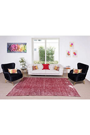 206x290 Cm El Dokuması Yeniden Boyanmış Eski Türk Halısı, Modern Kırmızı El Yapımı Yünlü Halı