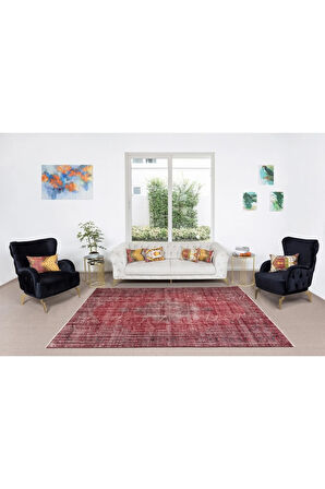 202x297 Cm El Dokuması Yeniden Boyanmış Eski Türk Halısı, Modern Kırmızı El Yapımı Yünlü Halı