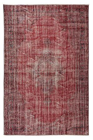 202x297 Cm El Dokuması Yeniden Boyanmış Eski Türk Halısı, Modern Kırmızı El Yapımı Yünlü Halı