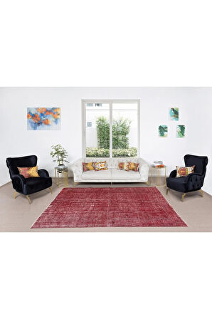 205x305 Cm El Dokuması Yeniden Boyanmış Eski Türk Halısı, Modern Kırmızı El Yapımı Yünlü Halı