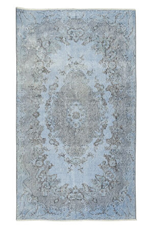 120x214 Cm El Dokuması Yeniden Boyanmış Eski Türk Halısı, Modern Mavi El Yapımı Yünlü Halı