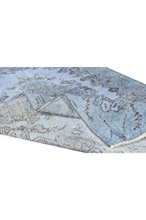 120x214 Cm El Dokuması Yeniden Boyanmış Eski Türk Halısı, Modern Mavi El Yapımı Yünlü Halı
