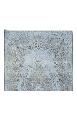 120x214 Cm El Dokuması Yeniden Boyanmış Eski Türk Halısı, Modern Mavi El Yapımı Yünlü Halı