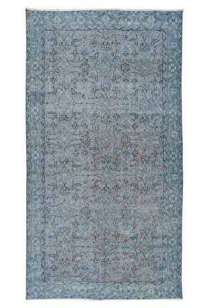 117x218 Cm El Dokuması Yeniden Boyanmış Eski Türk Halısı, Modern Mavi El Yapımı Yünlü Halı