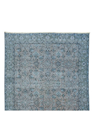 117x218 Cm El Dokuması Yeniden Boyanmış Eski Türk Halısı, Modern Mavi El Yapımı Yünlü Halı