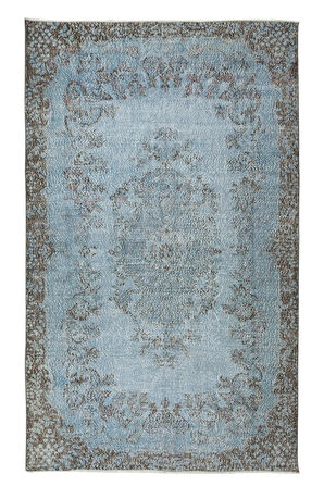 193x310 Cm El Dokuması Yeniden Boyanmış Eski Türk Halısı, Modern Mavi El Yapımı Yünlü Halı