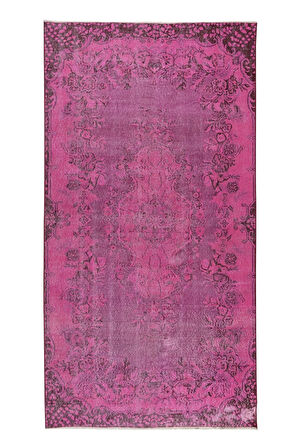 152x285 Cm El Dokuması Yeniden Boyanmış Eski Türk Halısı, Modern Pembe El Yapımı Yünlü Halı