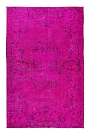 186x286 Cm El Dokuması Yeniden Boyanmış Eski Türk Halısı, Modern Pembe El Yapımı Yünlü Halı