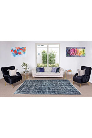 178x285 Cm Mavi Tonlarda Yünlü Ve Pamuklu Halı, Modern El Dokuması Boyanmış Eski Türk Halısı