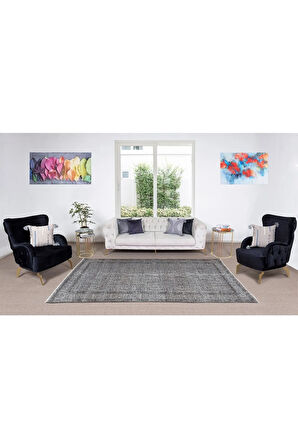 154x272 Cm El Dokuması Yeniden Boyanmış Eski Türk Halısı, Modern Gri El Yapımı Yünlü Halı