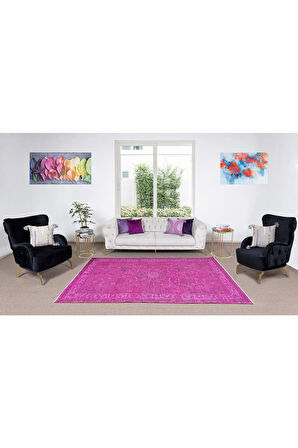 160x261 cm Pembe Renkli Yünlü Halı, Modern El Dokuması Yeniden Boyanmış Eski Anadolu Halısı