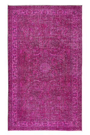 160x261 cm Pembe Renkli Yünlü Halı, Modern El Dokuması Yeniden Boyanmış Eski Anadolu Halısı