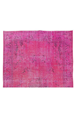 162x264 Cm Pembe Renkli Yünlü Halı, Modern El Dokuması Yeniden Boyanmış Eski Anadolu Halısı