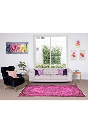 152x262 Cm El Dokuması Yeniden Boyanmış Eski Türk Halısı, Modern Pembe El Yapımı Yünlü Halı