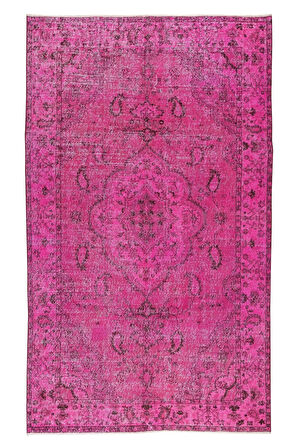 180x300 Cm Pembe Renkli Yünlü Halı, Modern El Dokuması Yeniden Boyanmış Eski Türk Halısı