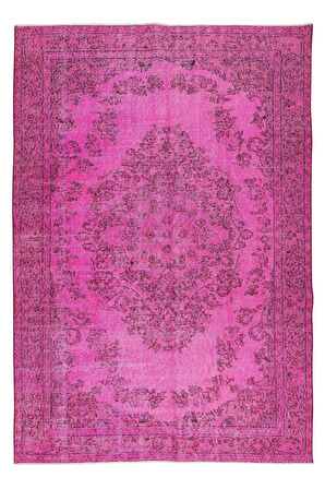 170x251 Cm El Dokuması Yeniden Boyanmış Eski Türk Halısı, Modern Pembe El Yapımı Yünlü Halı