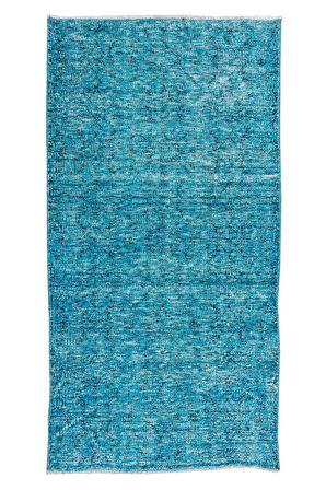 90x183 Cm El Dokuması Yeniden Boyanmış Eski Türk Halısı, Modern Mavi El Yapımı Yünlü Halı