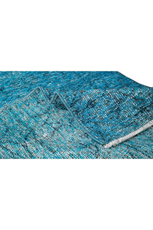 90x183 Cm El Dokuması Yeniden Boyanmış Eski Türk Halısı, Modern Mavi El Yapımı Yünlü Halı