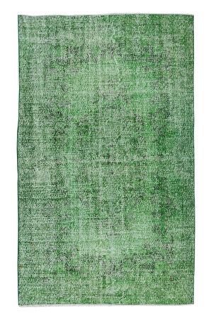 187x305 Cm El Dokuması Yeniden Boyanmış Eski Türk Halısı, Modern Yeşil El Yapımı Yünlü Halı