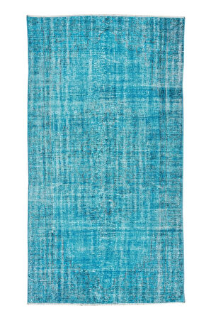 140x250 Cm El Dokuması Yeniden Boyanmış Eski Türk Halısı, Modern Mavi El Yapımı Yünlü Halı