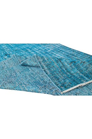 140x250 Cm El Dokuması Yeniden Boyanmış Eski Türk Halısı, Modern Mavi El Yapımı Yünlü Halı