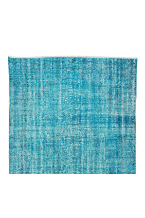 140x250 Cm El Dokuması Yeniden Boyanmış Eski Türk Halısı, Modern Mavi El Yapımı Yünlü Halı