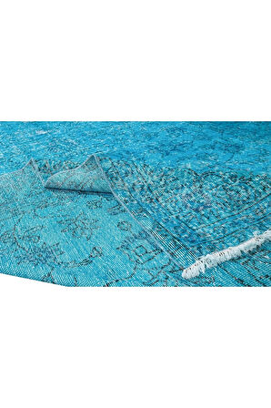 213x335 Cm Modern Maviye Yeniden Boyanmış El Yapımı Yünlü Halı, El Dokuması Eski Türk Halısı