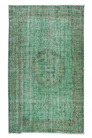 170x289 Cm El Dokuması Yeniden Boyanmış Eski Türk Halısı, Modern Yeşil El Yapımı Yünlü Halı