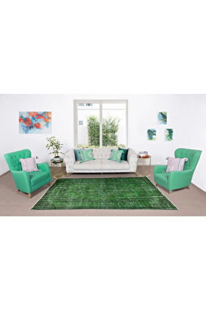 180x293 Cm El Dokuması Yeniden Boyanmış Eski Türk Halısı, Modern Yeşil El Yapımı Yünlü Halı
