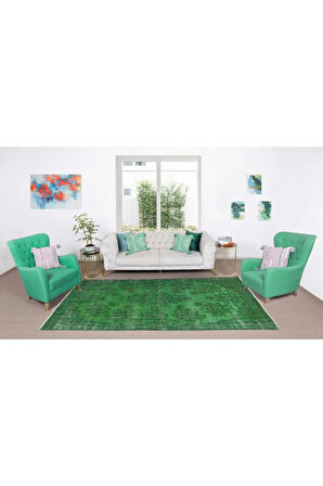 200x325 Cm El Dokuması Yeniden Boyanmış Eski Türk Halısı, Modern Yeşil El Yapımı Yünlü Halı