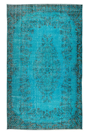 178x297 Cm Mavi Tonlarda Yünlü Ve Pamuklu Halı, Modern El Dokuması Boyanmış Eski Türk Halısı