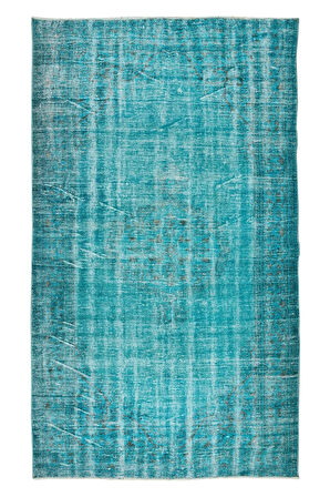 168x302 Cm El Dokuması Boyanmış Eski Anadolu Halısı, Modern Mavi El Yapımı Yünlü Halı