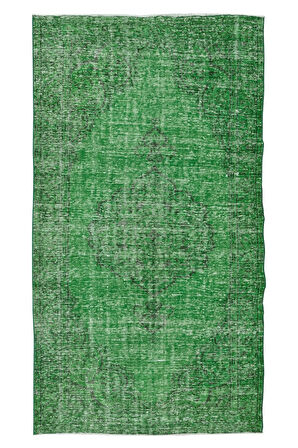 158x283 Cm El Dokuması Yeniden Boyanmış Eski Türk Halısı, Modern Yeşil El Yapımı Yünlü Halı