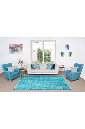 180x262 Cm Mavi Tonlarda Yünlü Ve Pamuklu Halı, Modern El Dokuması Boyanmış Eski Türk Halısı