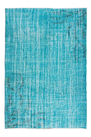 180x262 Cm Mavi Tonlarda Yünlü Ve Pamuklu Halı, Modern El Dokuması Boyanmış Eski Türk Halısı