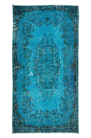 110x209 Cm El Dokuması Yeniden Boyanmış Eski Türk Halısı, Modern Mavi El Yapımı Yünlü Halı
