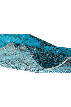 110x209 Cm El Dokuması Yeniden Boyanmış Eski Türk Halısı, Modern Mavi El Yapımı Yünlü Halı