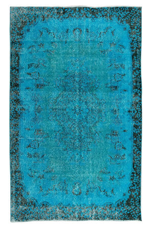 162x268 Cm El Dokuması Yeniden Boyanmış Eski Türk Halısı, Modern Mavi El Yapımı Yünlü Halı