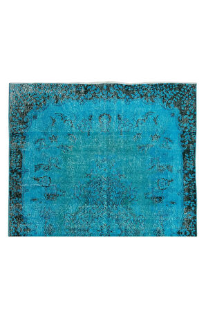 162x268 Cm El Dokuması Yeniden Boyanmış Eski Türk Halısı, Modern Mavi El Yapımı Yünlü Halı
