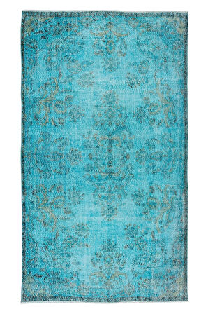 184x313 Cm El Dokuması Yeniden Boyanmış Eski Türk Halısı, Modern Mavi El Yapımı Yünlü Halı