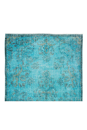 184x313 Cm El Dokuması Yeniden Boyanmış Eski Türk Halısı, Modern Mavi El Yapımı Yünlü Halı