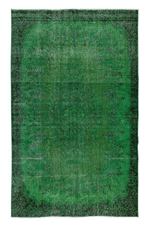 165x264 Cm El Dokuması Yeniden Boyanmış Eski Türk Halısı, Modern Yeşil El Yapımı Yünlü Halı