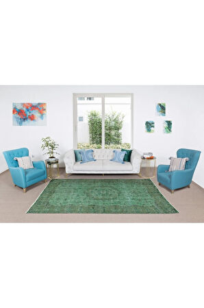 170x297 Cm El Dokuması Yeniden Boyanmış Eski Türk Halısı, Modern Yeşil El Yapımı Yünlü Halı