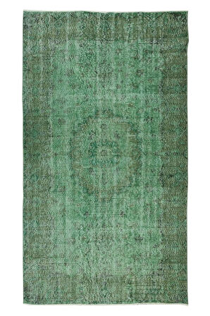 170x297 Cm El Dokuması Yeniden Boyanmış Eski Türk Halısı, Modern Yeşil El Yapımı Yünlü Halı