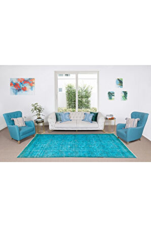 200x312 Cm Modern Maviye Yeniden Boyanmış El Yapımı Yünlü Halı, El Dokuması Eski Türk Halısı