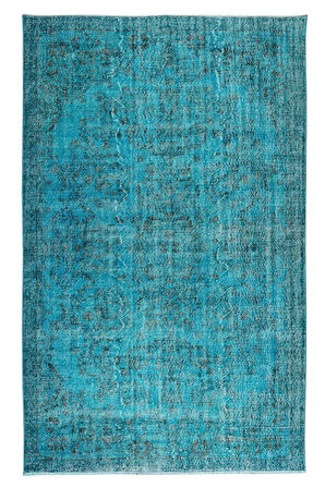 191x302 Cm El Dokuması Yeniden Boyanmış Eski Türk Halısı, Modern Mavi El Yapımı Yünlü Halı